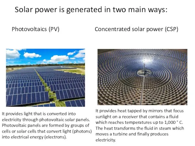 Solar power is generated in two main ways: Photovoltaics (PV) Concentrated solar power