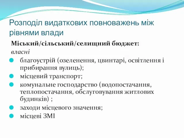 Розподіл видаткових повноважень між рівнями влади Міський/сільський/селищний бюджет: власні благоустрій (озеленення, цвинтарі, освітлення