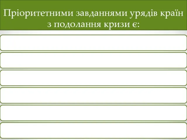 Пріоритетними завданнями урядів країн з подолання кризи є: