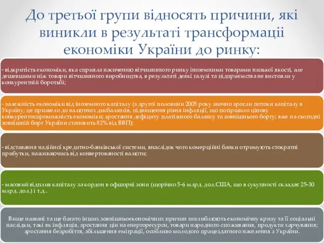 До третьої групи відносять причини, які виникли в результаті трансформаціі економіки України до ринку: