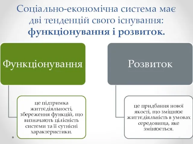 Соціально-економічна система має дві тенденцій свого існування: функціонування і розвиток.