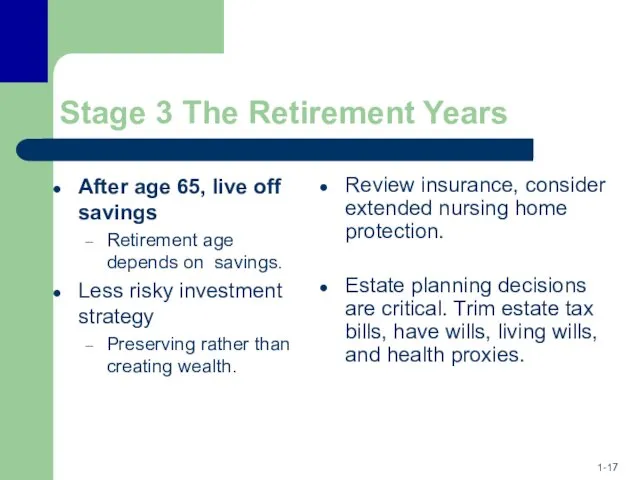 Stage 3 The Retirement Years After age 65, live off