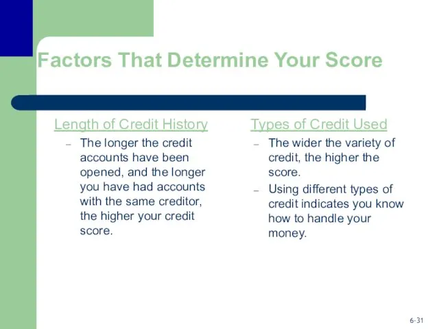 Factors That Determine Your Score Length of Credit History The