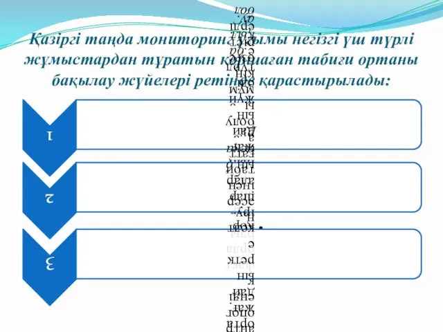 Қазіргі таңда мониторинг ұғымы негізгі үш түрлі жұмыстардан тұратын қоршаған табиғи ортаны бақылау жүйелері ретінде қарастырылады: