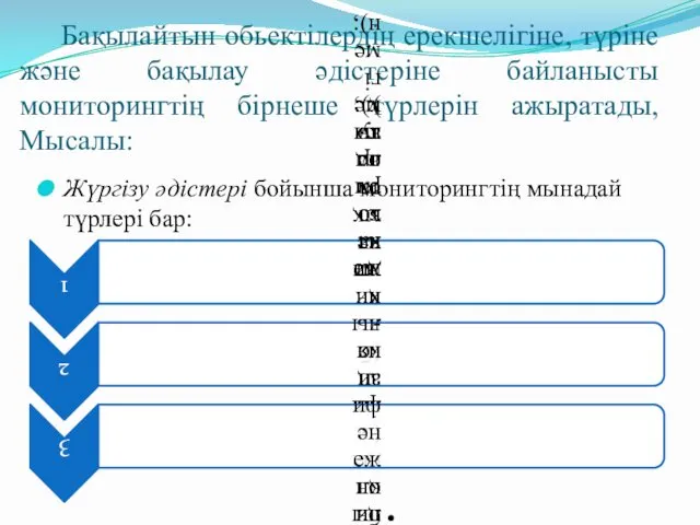 Бақылайтын обьектілердің ерекшелігіне, түріне және бақылау әдістеріне байланысты мониторингтің бірнеше