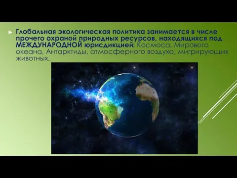 Глобальная экологическая политика занимается в числе прочего охраной природных ресурсов,