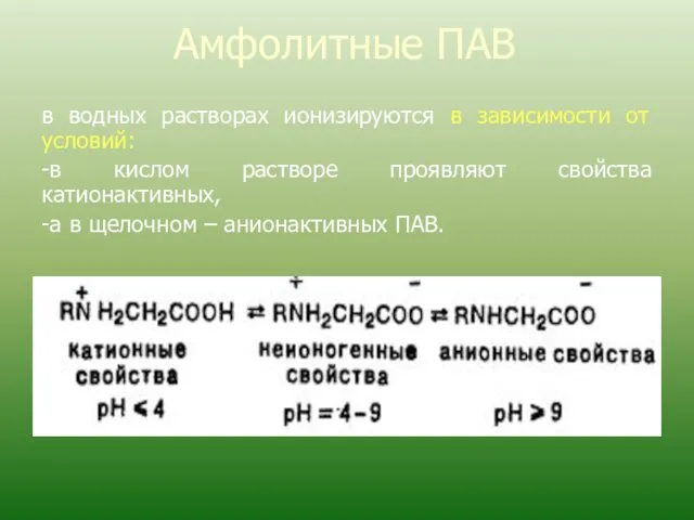 Амфолитные ПАВ в водных растворах ионизируются в зависимости от условий: