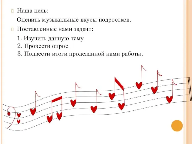 Наша цель: Оценить музыкальные вкусы подростков. Поставленные нами задачи: 1.