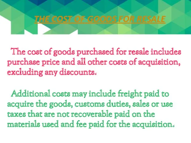 THE COST OF GOODS FOR RESALE The cost of goods