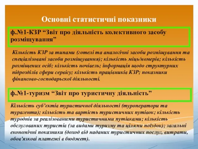 Основні статистичні показники ф.№1-КЗР “Звіт про діяльність колективного засобу розміщування”