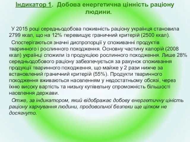 Індикатор 1. Добова енергетична цінність раціону людини. У 2015 році