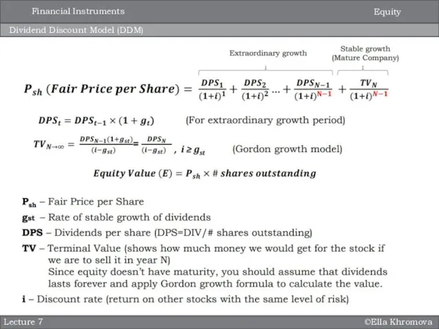 ©Ella Khromova Dividend Discount Model (DDM) Lecture 7 Equity Financial Instruments