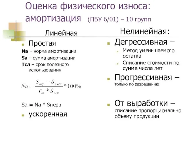 Оценка физического износа: амортизация (ПБУ 6/01) – 10 групп Линейная