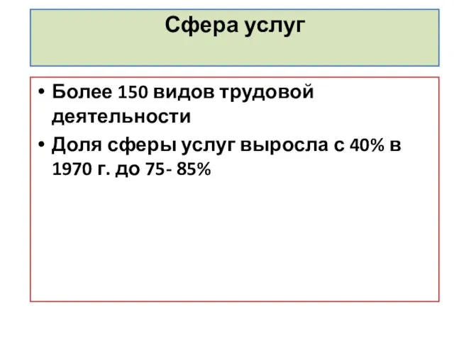 Сфера услуг Более 150 видов трудовой деятельности Доля сферы услуг