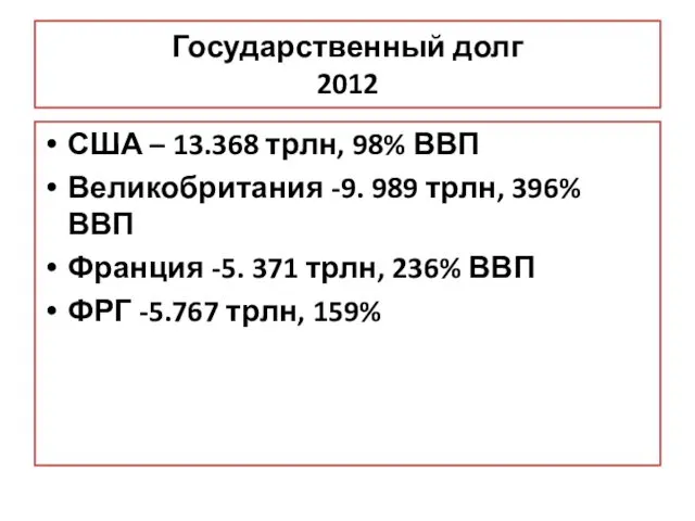 Государственный долг 2012 США – 13.368 трлн, 98% ВВП Великобритания