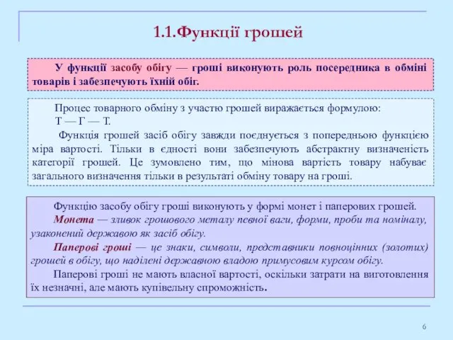 У функції засобу обігу — гроші виконують роль посередника в