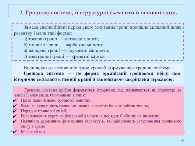 2. Грошова система, її структурні елементи й основні типи. Відповідно