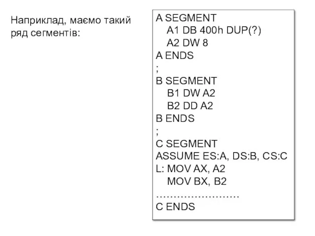 A SEGMENT A1 DB 400h DUP(?) A2 DW 8 A