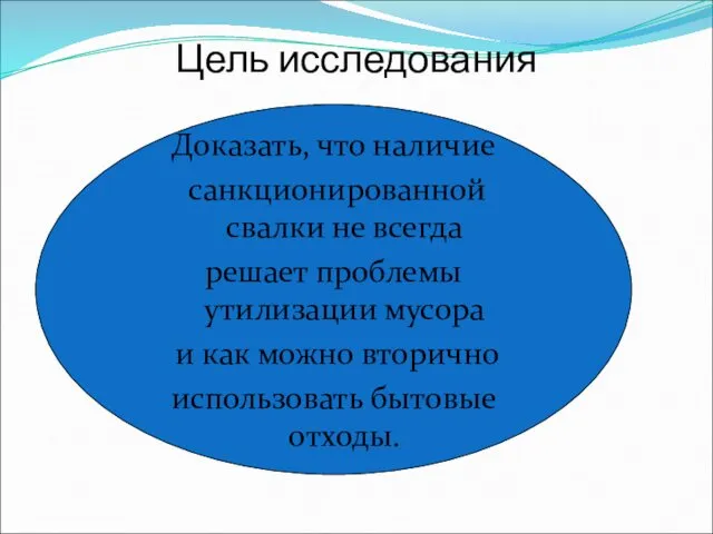 Цель исследования Доказать, что наличие санкционированной свалки не всегда решает