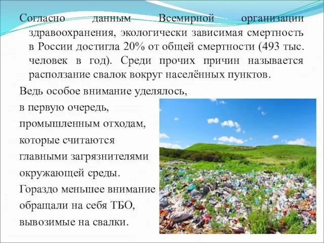 Согласно данным Всемирной организации здравоохранения, экологически зависимая смертность в России