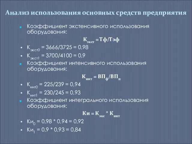 Анализ использования основных средств предприятия Коэффициент экстенсивного использования оборудования: Кэкст