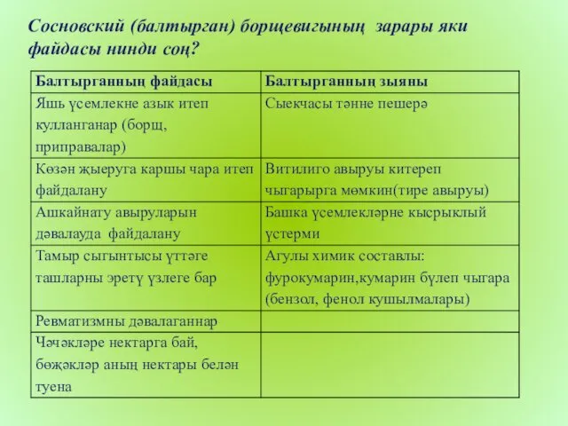 Сосновский (балтырган) борщевигының зарары яки файдасы нинди соң?