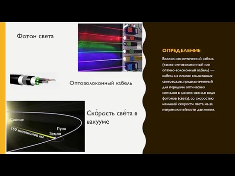 ОПРЕДЕЛЕНИЕ Волоконно-оптический кабель (также оптоволоконный или оптико-волоконный кабель) — кабель на основе волоконных