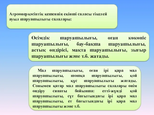 Агроөнеркәсіптік кешеннің екінші саласы тікелей ауыл шаруашылығы салалары: Өсімдік шаруашылығы,