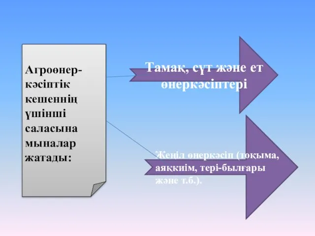 Тамақ, сүт және ет өнеркәсіптері Жеңіл өнеркәсіп (тоқыма, аяқкиім, тері-былғары