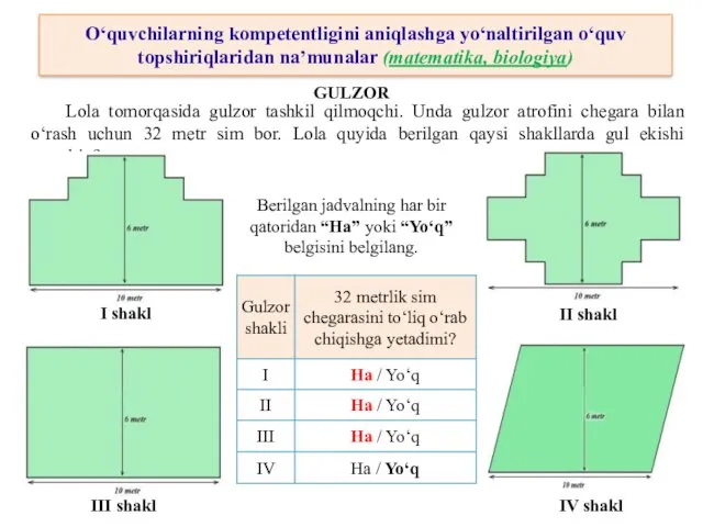 Lola tomorqasida gulzor tashkil qilmoqchi. Unda gulzor atrofini chegara bilan o‘rash uchun 32