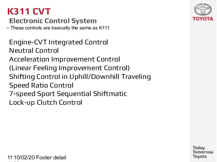 10/02/2022 Footer detail K311 CVT Electronic Control System These controls
