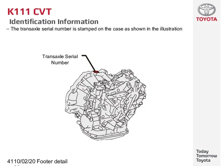 10/02/2022 Footer detail K111 CVT Identification Information The transaxle serial