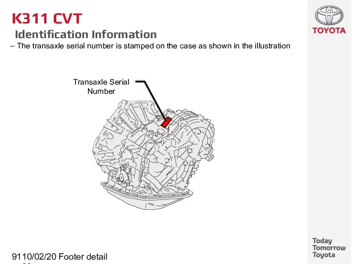 10/02/2022 Footer detail K311 CVT Identification Information The transaxle serial