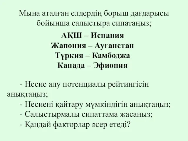 Мына аталған елдердің борыш дағдарысы бойынша салыстыра сипатаңыз; АҚШ –