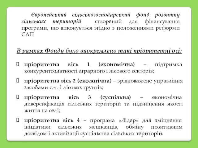 В рамках Фонду було виокремлено такі пріоритетні осі: пріоритетна вісь