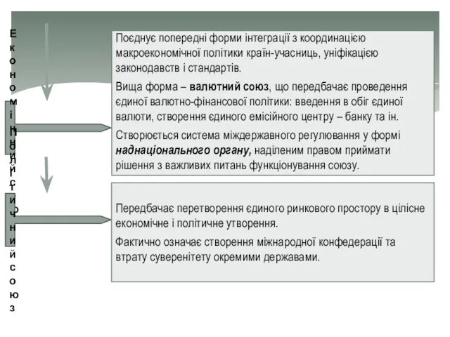 Економічний союз Поєднує попередні форми інтеграції з координацією макроекономічної політики