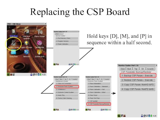 Replacing the CSP Board Hold keys [D], [M], and [P] in sequence within a half second.