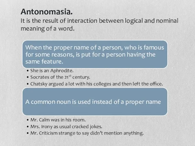 Antonomasia. It is the result of interaction between logical and nominal meaning of a word.