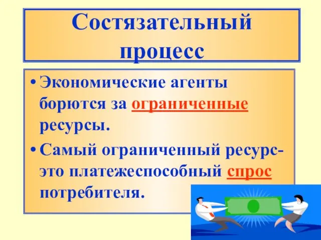 Состязательный процесс Экономические агенты борются за ограниченные ресурсы. Самый ограниченный ресурс- это платежеспособный спрос потребителя.