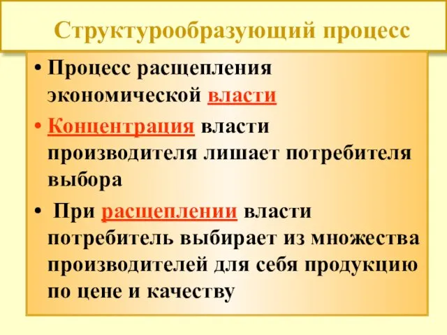 Структурообразующий процесс Процесс расщепления экономической власти Концентрация власти производителя лишает