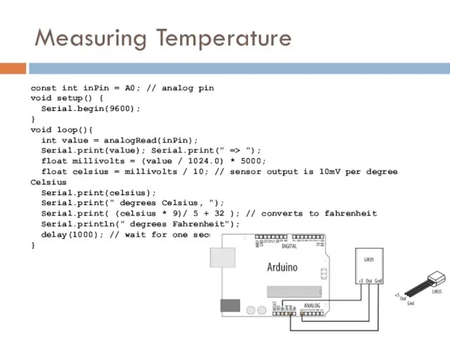 Measuring Temperature const int inPin = A0; // analog pin