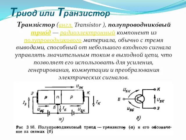 Триод или Транзистор Транзи́стор (англ. Transistor ), полупроводнико́вый трио́д — радиоэлектронный компонент из