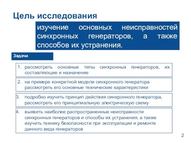 Цель исследования изучение основных неисправностей синхронных генераторов, а также способов