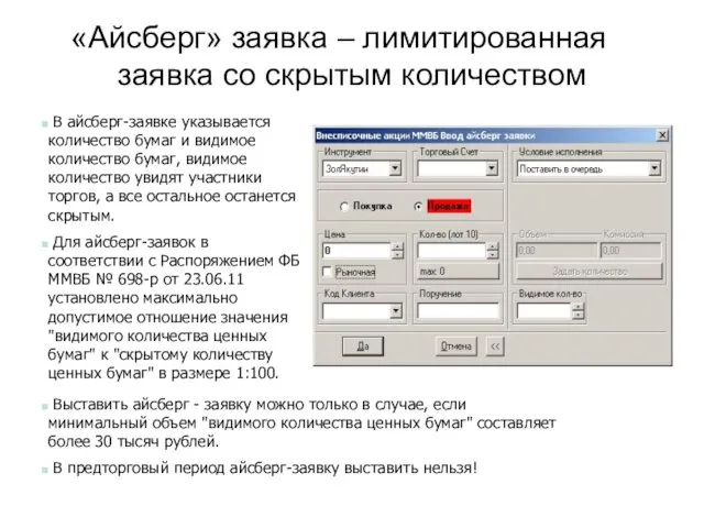 «Айсберг» заявка – лимитированная заявка со скрытым количеством В айсберг-заявке