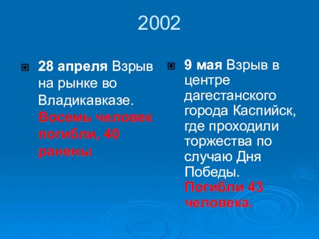 2002 28 апреля Взрыв на рынке во Владикавказе. Восемь человек