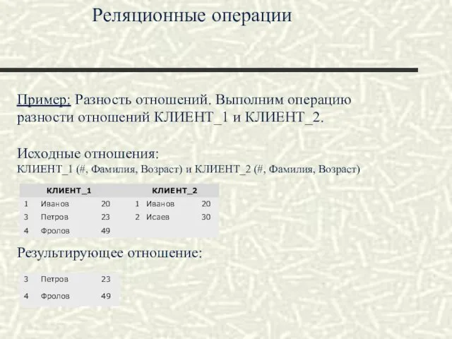 Реляционные операции Пример: Разность отношений. Выполним операцию разности отношений КЛИЕНТ_1