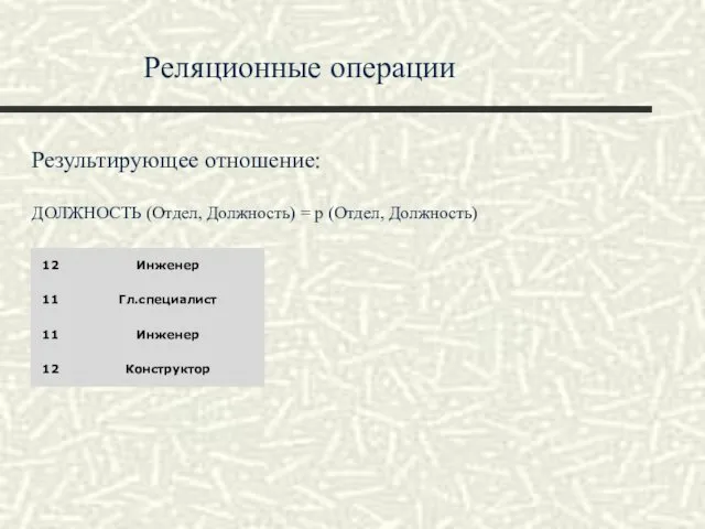 Реляционные операции Результирующее отношение: ДОЛЖНОСТЬ (Отдел, Должность) = p (Отдел, Должность)