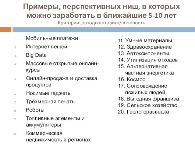 Примеры, перспективных ниш, в которых можно заработать в ближайшие 5-10