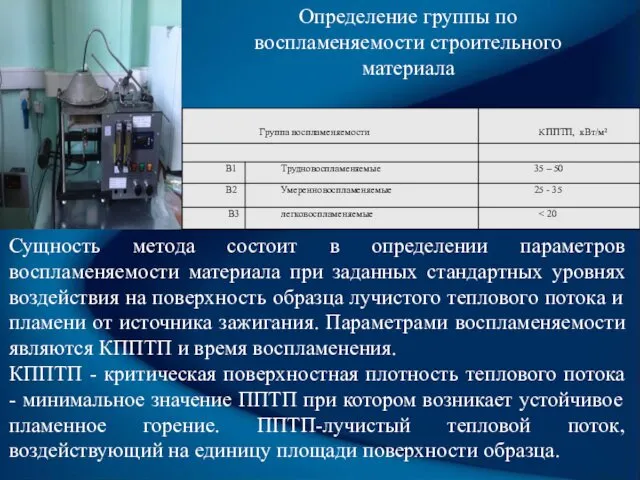 Сущность метода состоит в определении параметров воспламеняемости материала при заданных