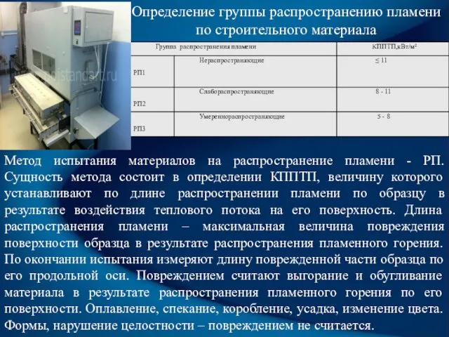 Метод испытания материалов на распространение пламени - РП. Сущность метода